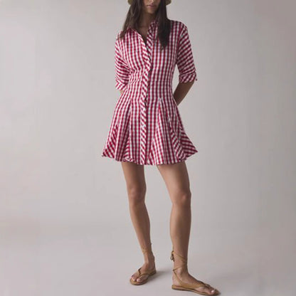 New French Sweet Red Plaid Waist-cinching Dress