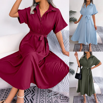 Ins Style European And American Leisure Loose Pure Color Tied Shirtdress
