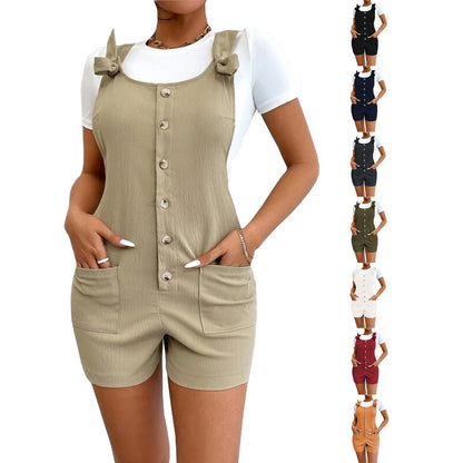 Women's Solid Color Strap Button Pocket Jumpsuit