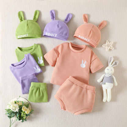 Spring Cute Solid Color Children T-shirt Shorts Hat Suit