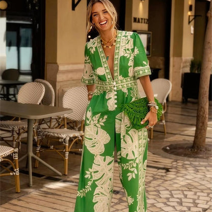 New Fashion Women's Clothing Printed Jumpsuit V-neck