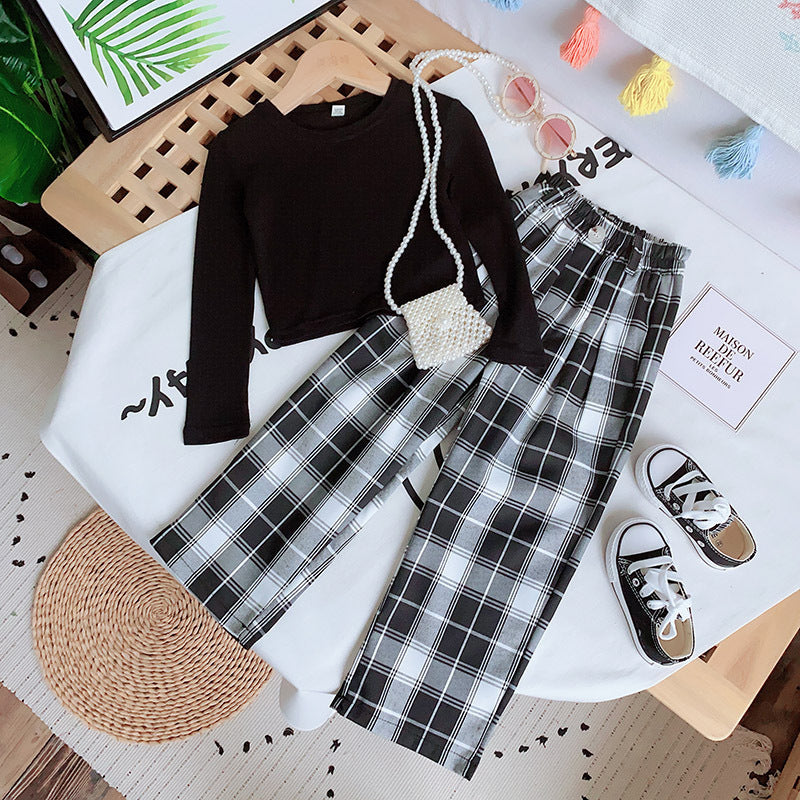 Fashion Girls Top Plaid Wide Leg Pants Set