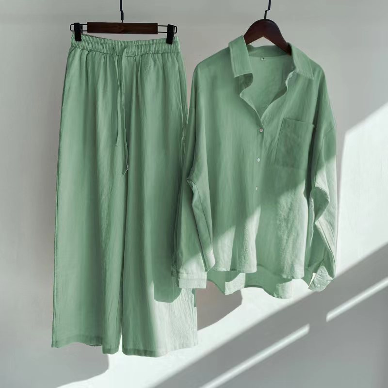 Women's 2-piece Retro Plus Size Cotton Linen Shirt Outfit High Waist Loose Trousers