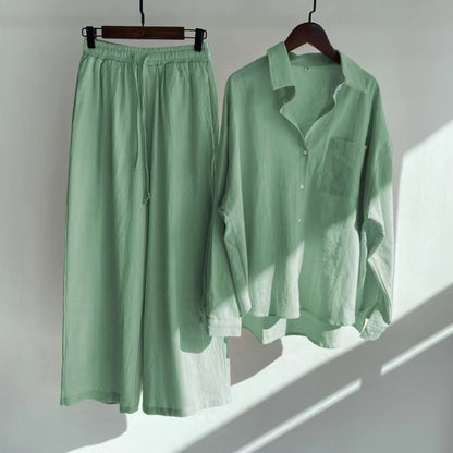 Women's 2-piece Retro Plus Size Cotton Linen Shirt Outfit High Waist Loose Trousers