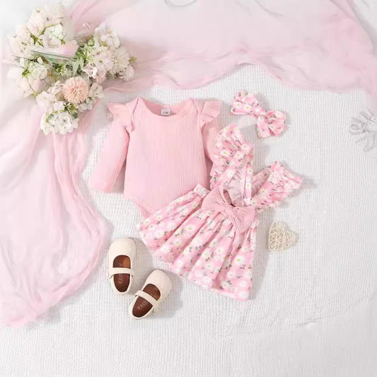 Cross-border Foreign Trade Infant European And American Pastoral Style Simple 3-piece Romper Bow Floral Suspender Skirt