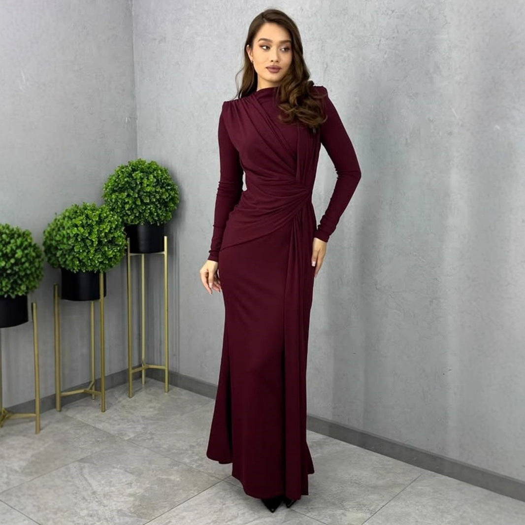 Long Sleeve Fitted Waist Pleated Slim-fit Long Dress