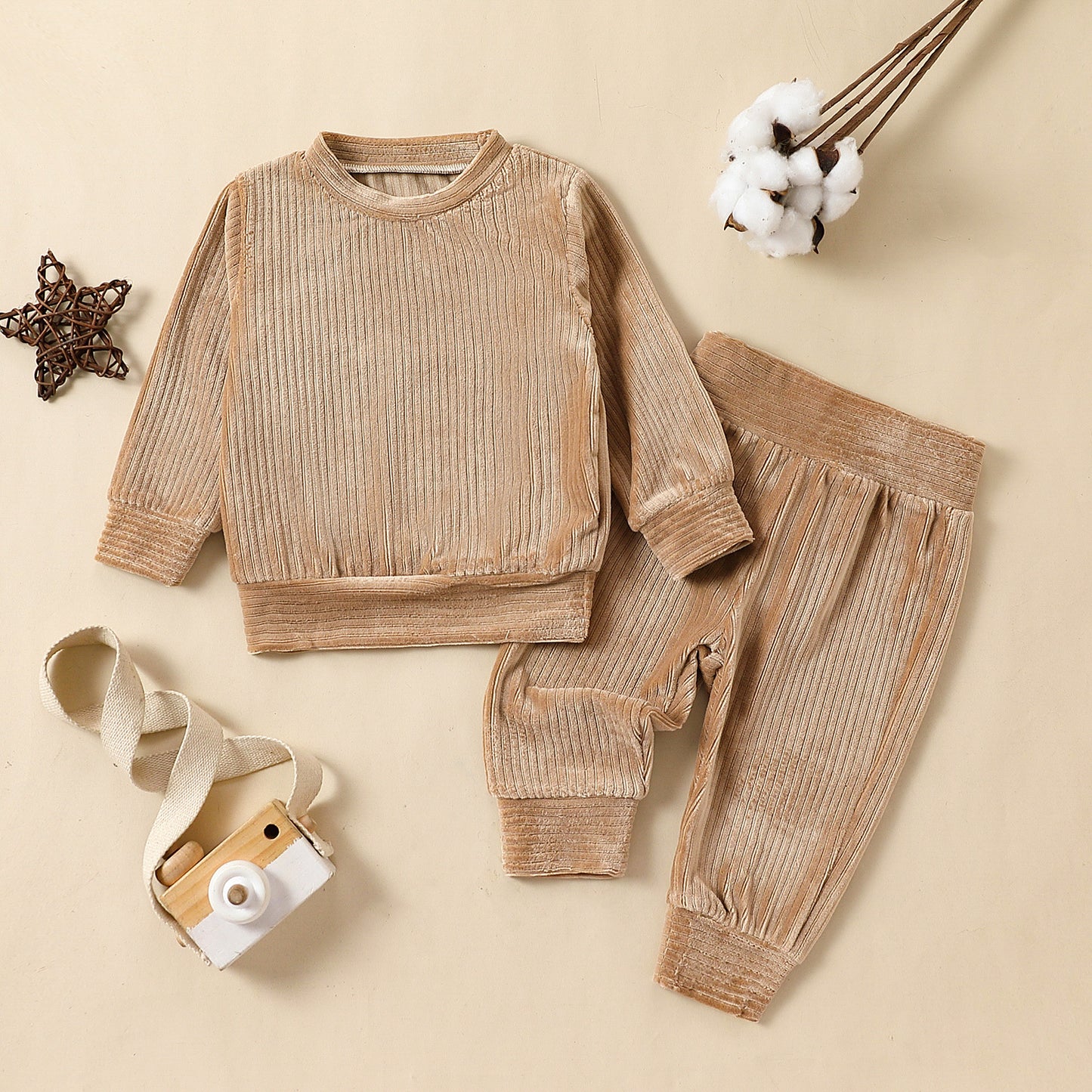 Cross-border New Arrival Infant Trousers Solid Color Rib Fabric Suit