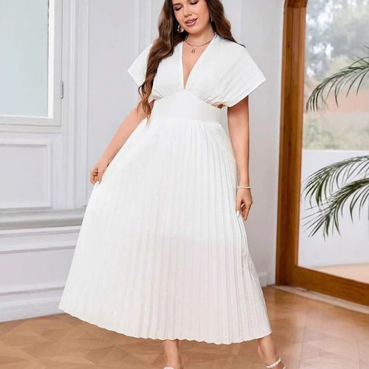 V-neck Sexy Bat Sleeve Slim-fit Pleated A- Line Dress