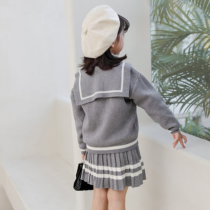 Embroidered Long Sleeve Cardigan Pleated Skirt Two Piece Set