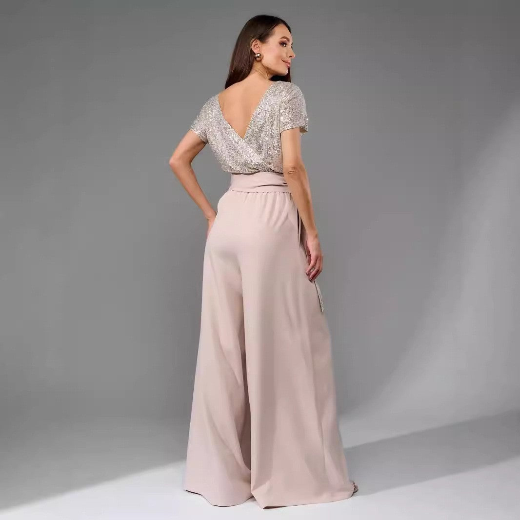 European And American One-piece Sequin Fashion Short Sleeve Casual Jumpsuit Trousers