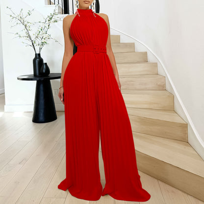Solid Color Sleeveless Sexy Wide-leg Pleated Wide-leg Jumpsuit
