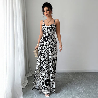 Elegant Graceful Printed Suspender Long Dress Women's Dress