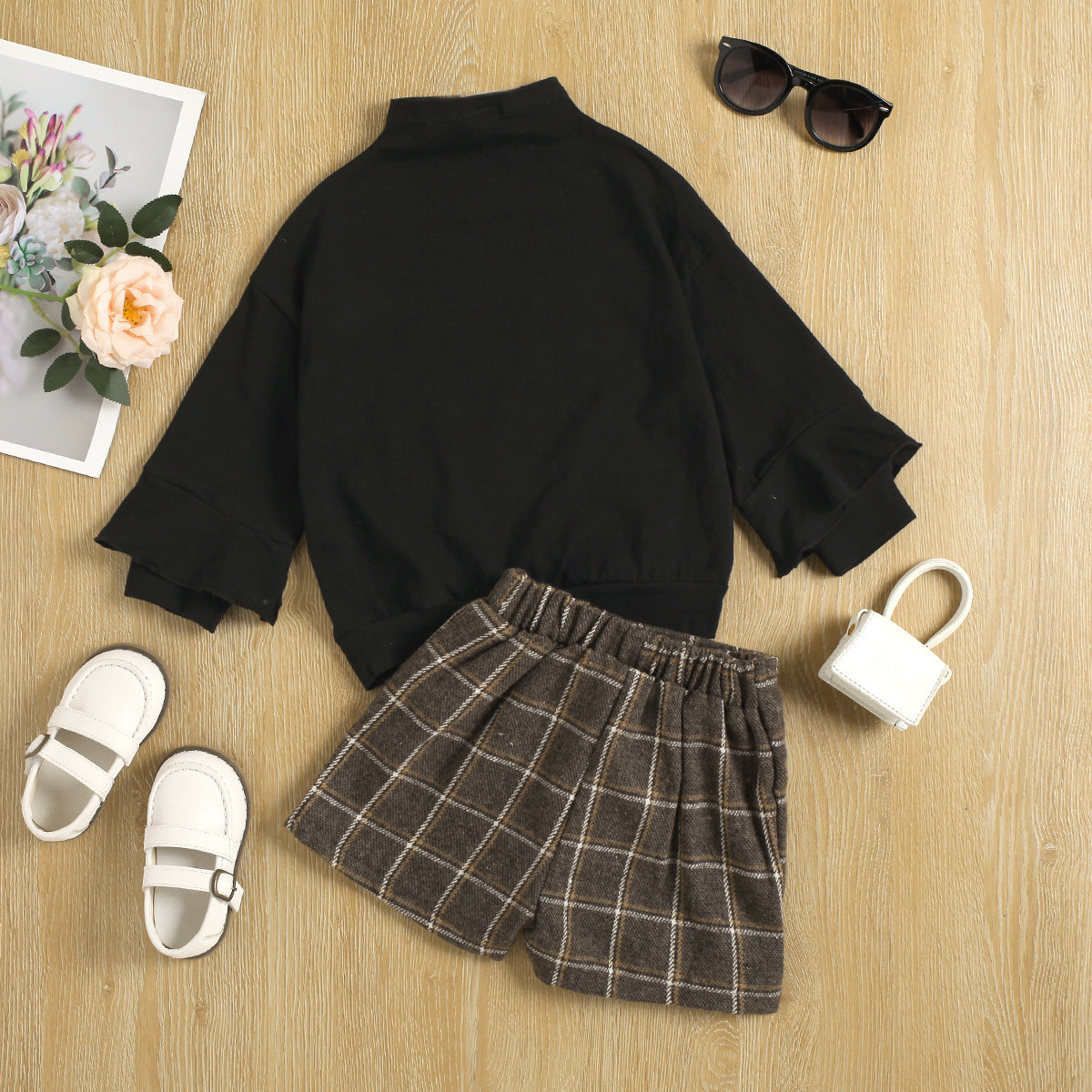 Black Long Sleeved Pullover Sweater Plaid Shorts Two Piece Autumn Outfit