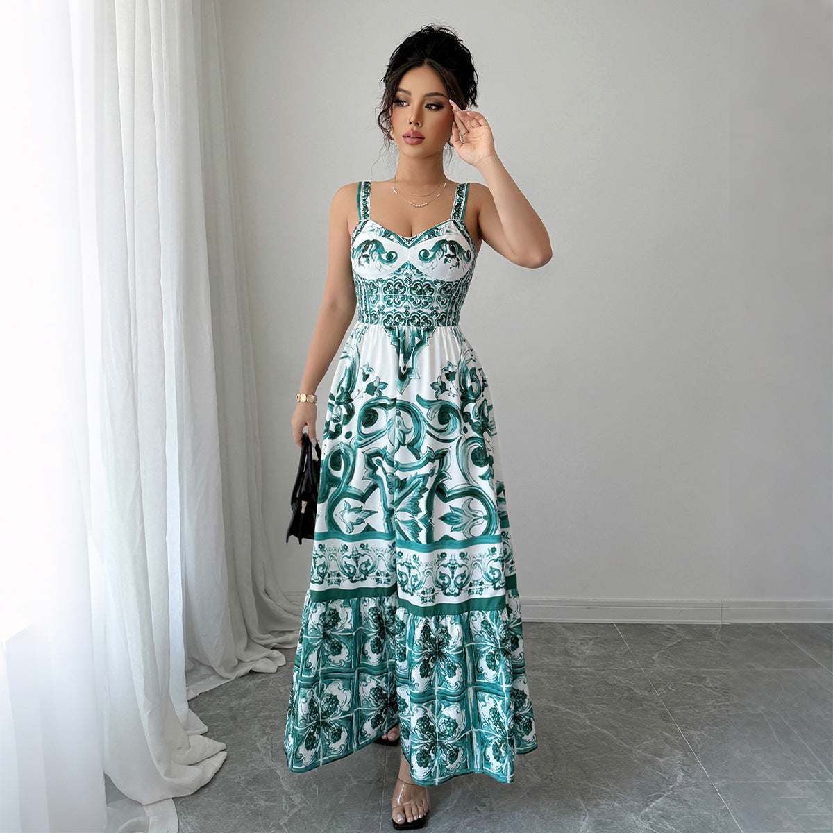 Green Printing Maxi Dress Women's Clothing