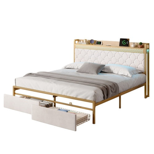 4ft6 Double Bed Frame With 2 Storage Drawers, RGB LED Storage Headboard With Charging Station, Velvet Bed Frame, With Chrome Decoration, No Box Spring Needed, Easy Assembly, Beige