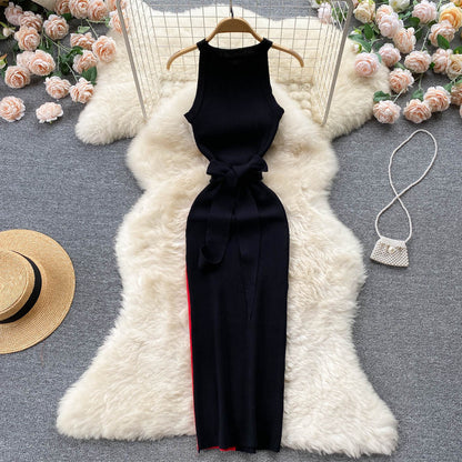 Slim Fit Slimming Long Round Neck Sleeveless Dress Color Matching Skinny Sheath Knitted Dress