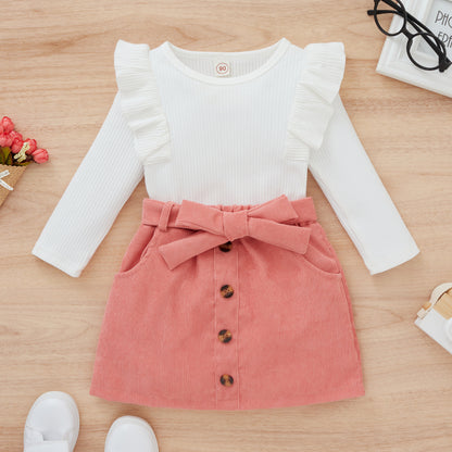 Children's Long Sleeve Pit Top Solid Color Bow Skirt Suit