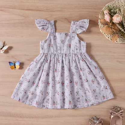 Children's Tricolor Floral Fly Sleeve Slip Dress