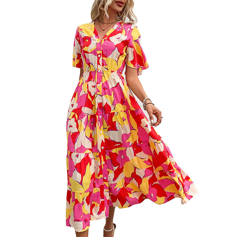 A Single-breasted Printed Mid-length Dress