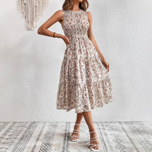 Sleeveless Round Neck Smocking Dress High Waist Slimming Design