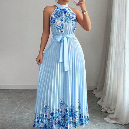 Women's Fashionable Printed Pleated Long Dress