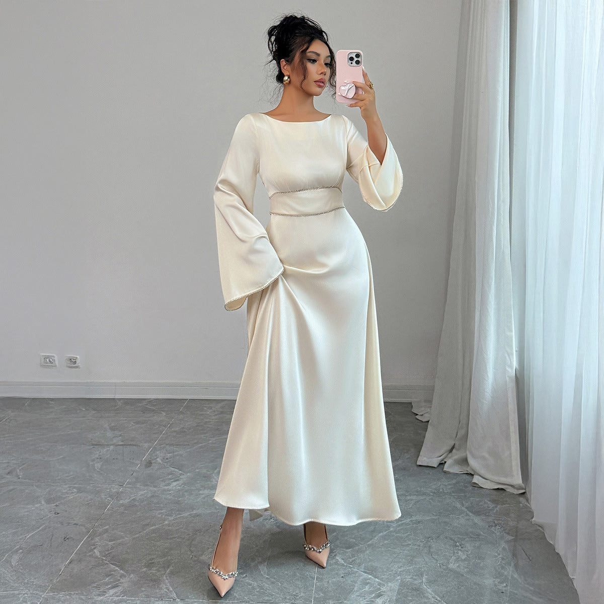 Elegant Graceful Style Waist Solid Color Long Sleeve Dress