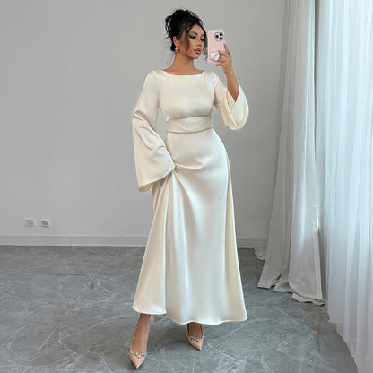 Elegant Graceful Style Waist Solid Color Long Sleeve Dress