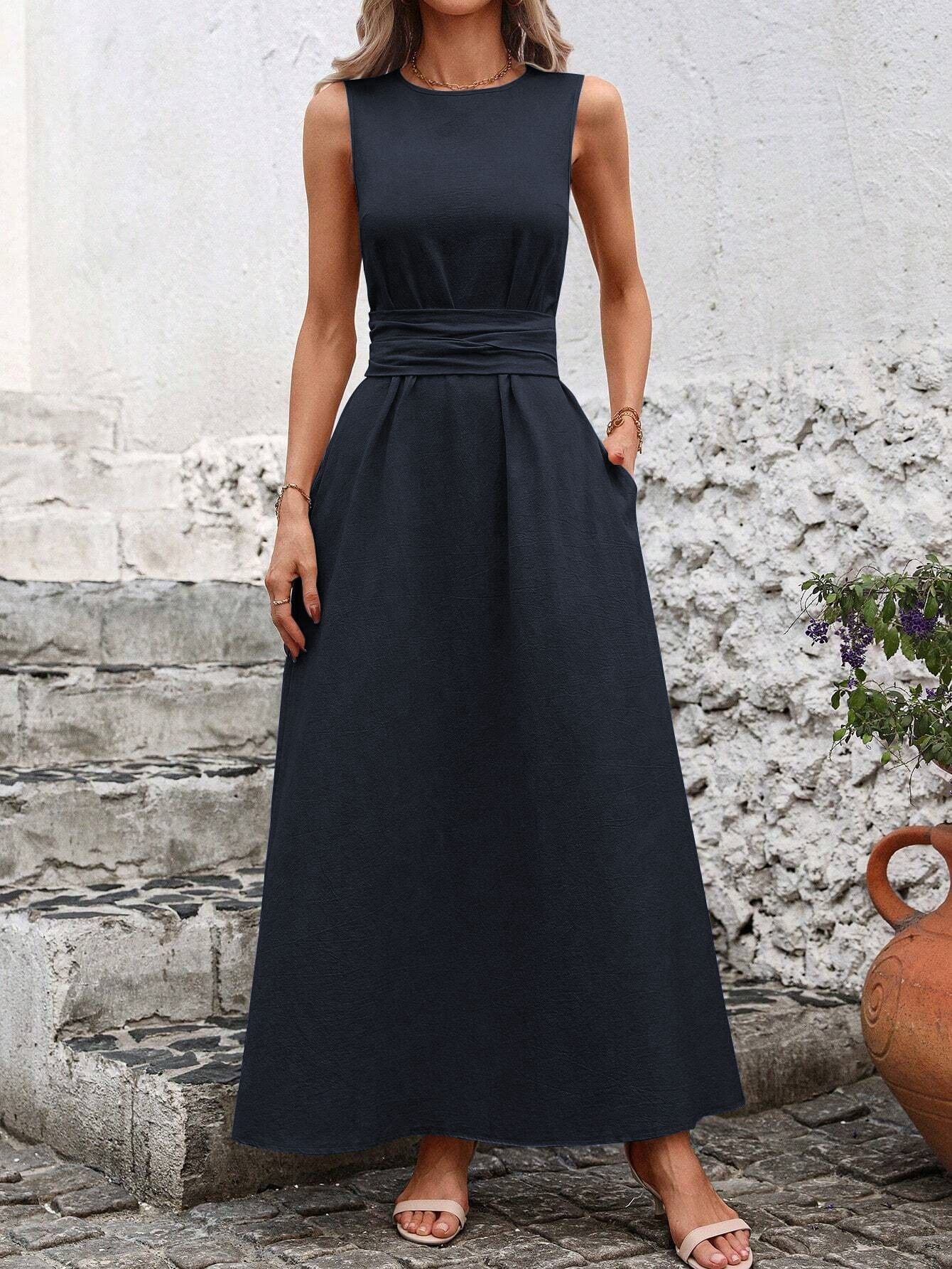 Women's Solid Color Round Neck Sleeveless Loose Casual Dress
