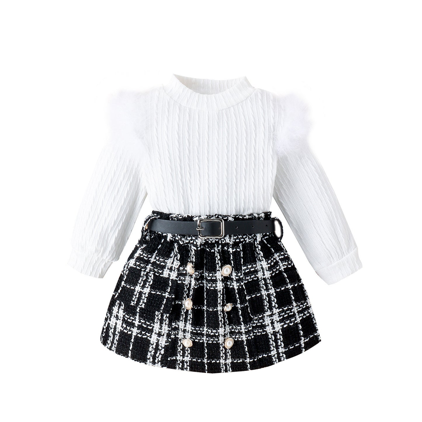 Autumn And Winter New Girls' Suit Furry Top Woolen Fabric Skirt With Belt Three-piece Set