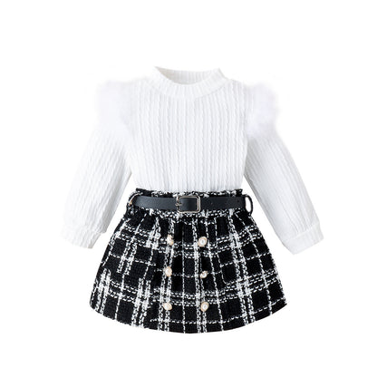 Autumn And Winter New Girls' Suit Furry Top Woolen Fabric Skirt With Belt Three-piece Set