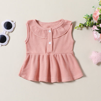 Girls' Fashion Waffle Sleeveless Dress Top Shorts Headdress Three-piece Set