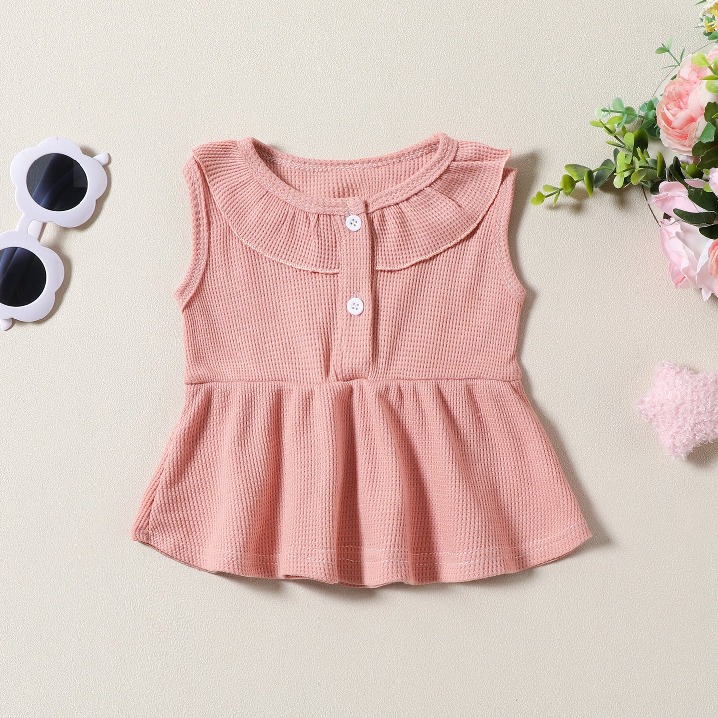 Girls' Fashion Waffle Sleeveless Dress Top Shorts Headdress Three-piece Set