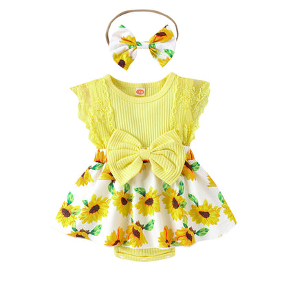 Baby Girl Cute Skirt Print Romper Headscarf