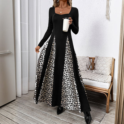 Elegant Retro Style Square Collar Long Sleeve Leopard Splicing Dress