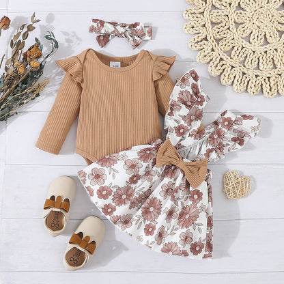 Cross-border Foreign Trade Infant European And American Pastoral Style Simple 3-piece Romper Bow Floral Suspender Skirt