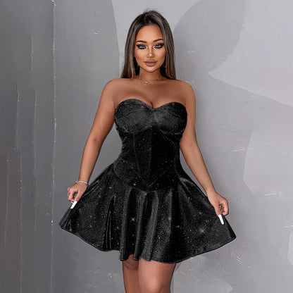 European And American Style Sexy Hot Girl Slim Tube Top Shiny Dress