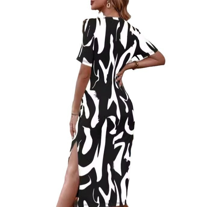 Elegant Women's Printed Short-sleeved Dress