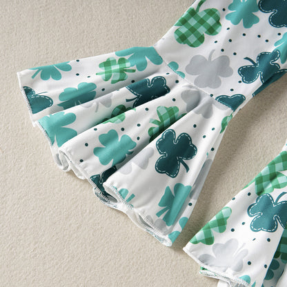 Four-Leaf Clover Printed Gray Long Sleeve Top White Trousers Two-piece Set