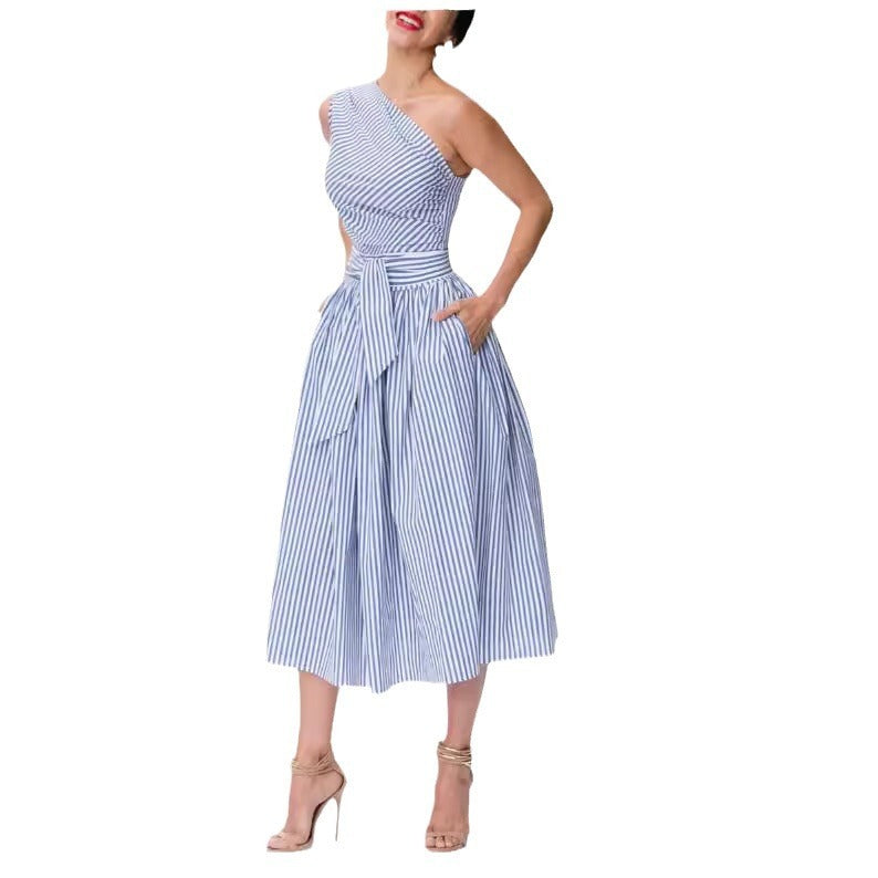 Women's Slant-shoulder Striped Dress