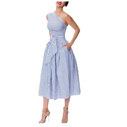 Women's Slant-shoulder Striped Dress