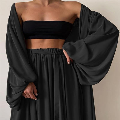 Three-piece Long Cardigan Tube Top Wide-leg Pants