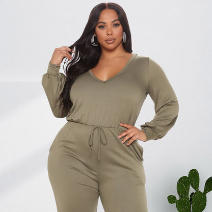 Women's V Neck Back Cutout Long Sleeve Casual Waist Jumpsuit