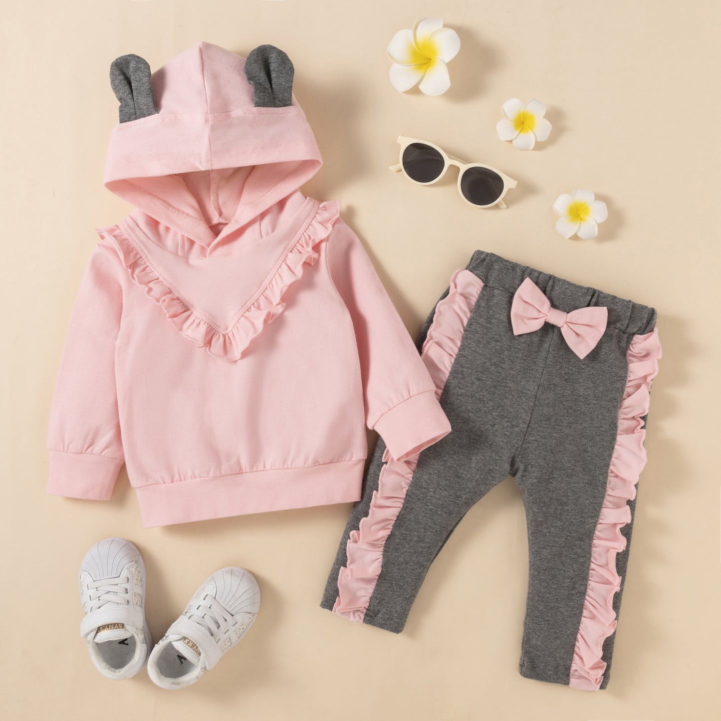 Girls Ruffle Stitching Hooded Sweater Suit