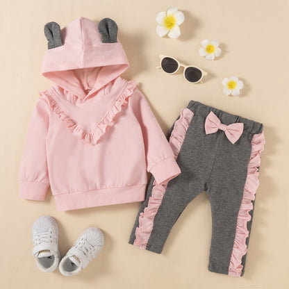 Girls Ruffle Stitching Hooded Sweater Suit
