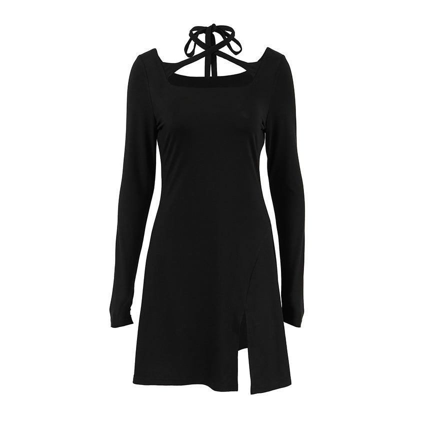 Women's Slim-fit Slimming Knitted Square Collar Design Lace-up Dress