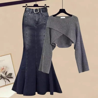 Autumn Elegant Women's All-matching Long Sleeve Top Fishtail Skirt Two-piece Suit