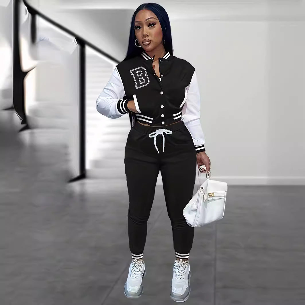 Letter Color Matching Jacket Single-breasted Letter Printed Baseball Uniform Sports Suit