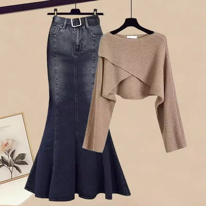 Autumn Elegant Women's All-matching Long Sleeve Top Fishtail Skirt Two-piece Suit