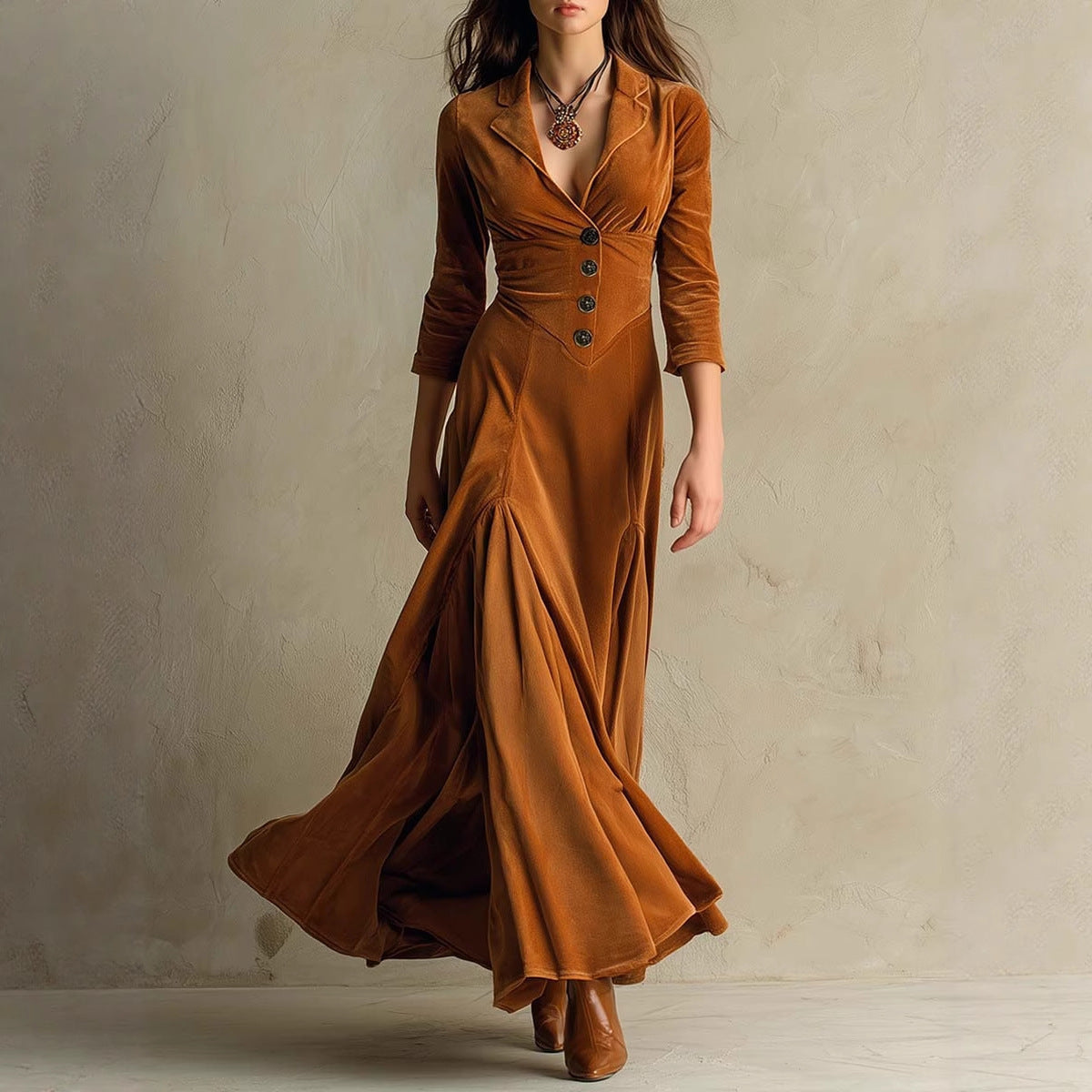Solid Color Buttons Lapel 34 Sleeve Maxi Dress Waist Expansion Skirt
