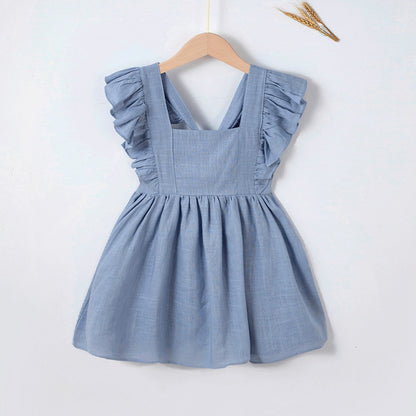 Girls' Cotton And Linen Bowknot Wooden Ear Embroidery Dress
